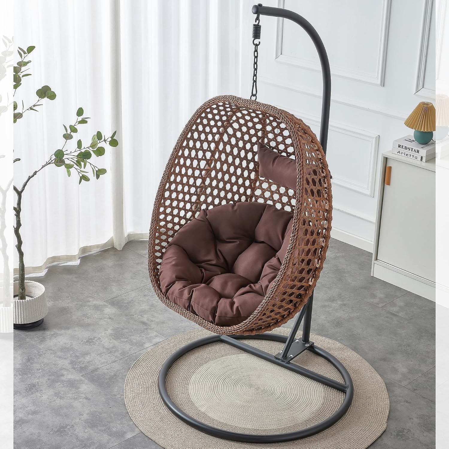 Egg Swing Chair with Stand Outdoor Indoor, Hanging Egg Chair with Cushions and Pillow,300lbs Capacity for Porch, Patio, Bedroom, Balcony, Brown