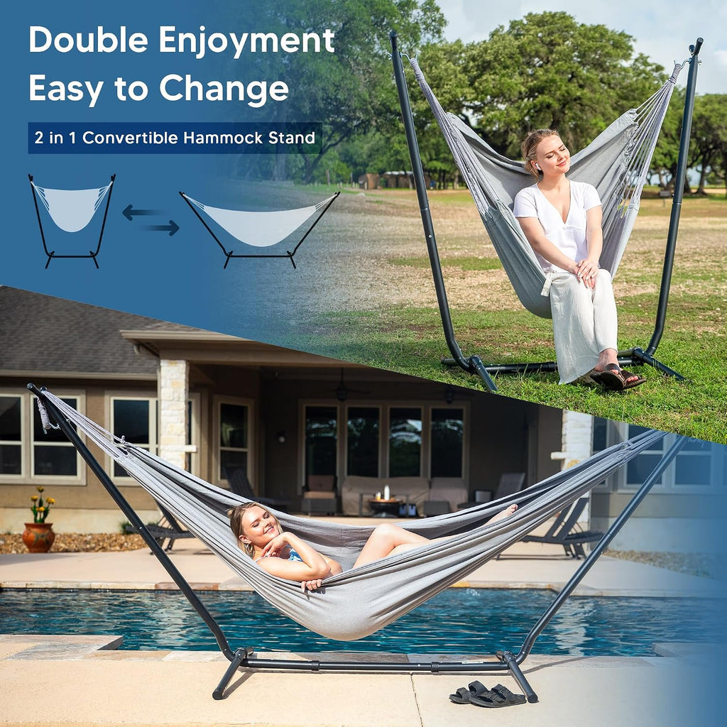 SUNCREAT 2-in-1 Convertible Extra Large Hammocks with Stand, Heavy Duty 2 Person Hammock for Outside with Stand, Patented, Light Gray