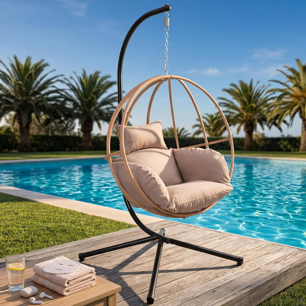 Egg Chairs with Stand, Egg Swing Chair Outdoor, Hanging Swinging Chairs with Stand for Balcony, Swing Egg Chair with Cushion 400LBS Capacity, Brown