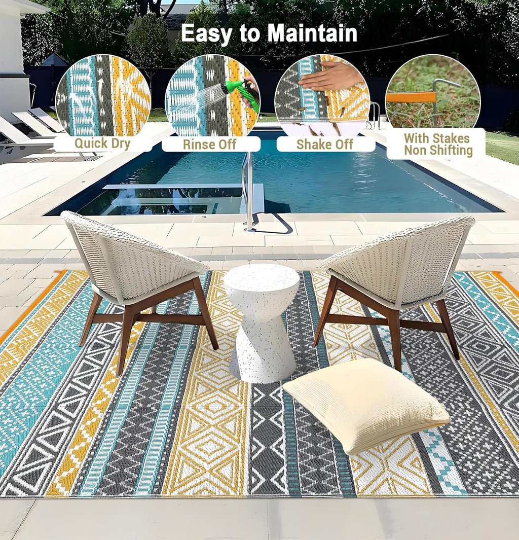 Garvee Outdoor Rug 10 ft x 20 ft Waterproof for Patios Clearance, Reversible Outdoor Plastic Straw Camping Rug Carpet, Large Rugs Mats for RV, Camper, Deck, Balcony, Porch, Beach, Picnic,Yellow & Gray