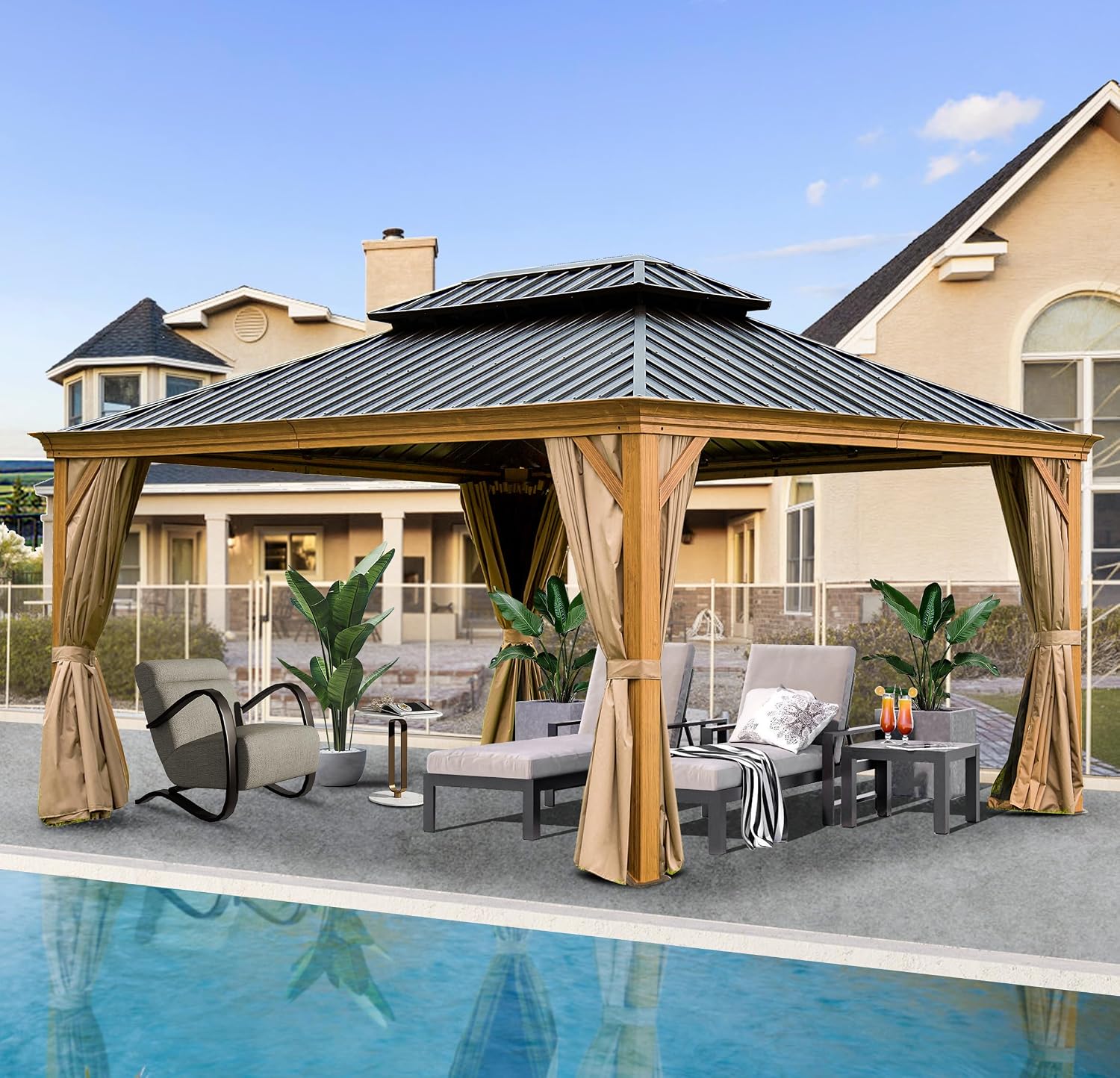 Domi Hardtop Gazebo 12x14FT, Outdoor Gazebo with Galvanized Steel Double Roof, Aluminum Frame, Built-in Gutter System, Curtain and Netting, Metal Gazebo Pavilion for Patio Deck Garden, Wood-Looking