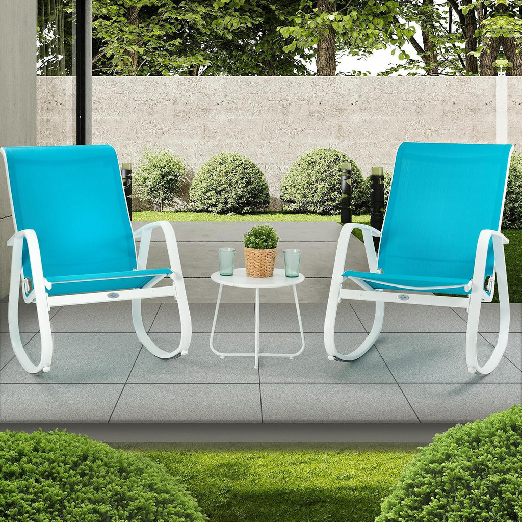 Kozyard 3-Piece Outdoor Rocking Chair Set, Patio Bistro Set 2 Sling Rockers with Side Table, Powder-Coated Aluminum Frame, Breathable Textilene Fabric for Porch, Garden, Balcony Blue