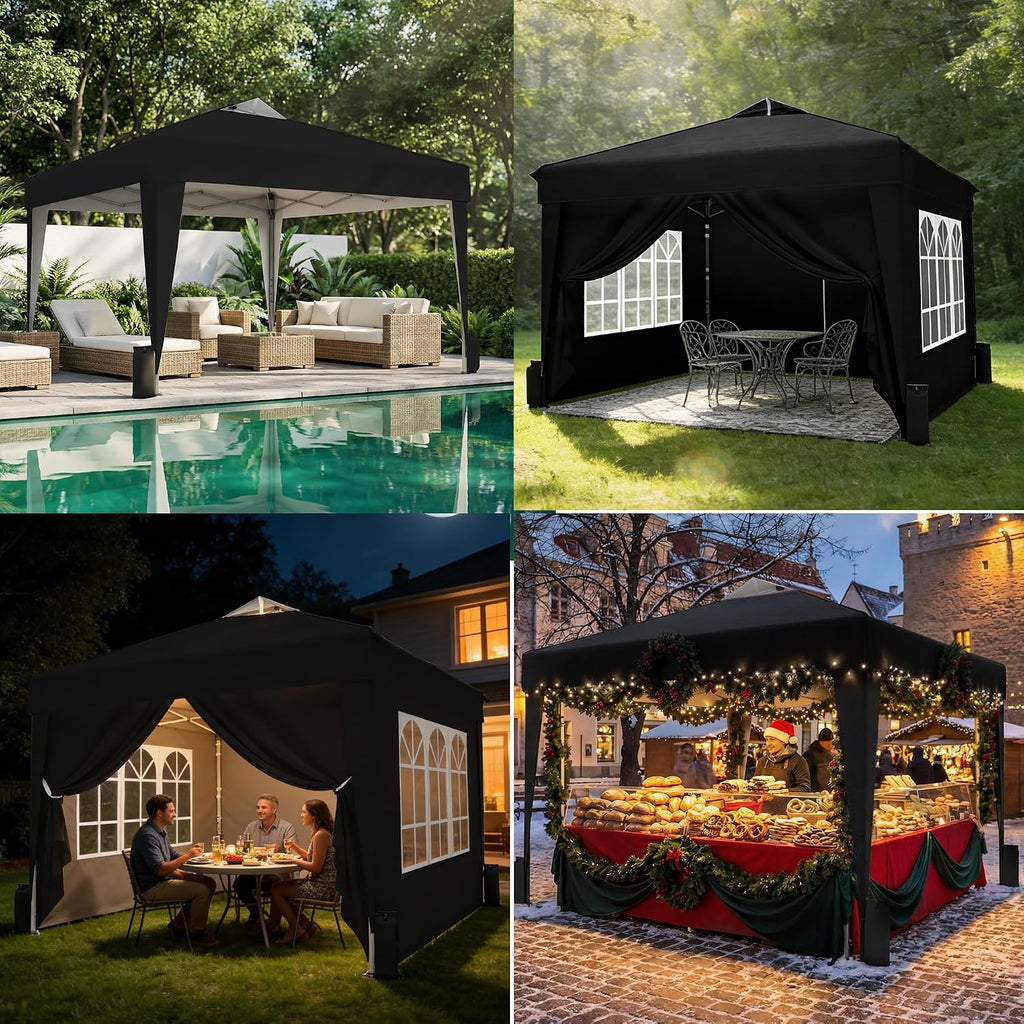 SANWAY 10x10 Pop Up Canopy Tent with Sidewalls x 4 – Easy Setup Canopy Tent, Waterproof, UV-Resistant, Portable with Carry Bag for Outdoor Events, Camping, and Backyard Parties – Black