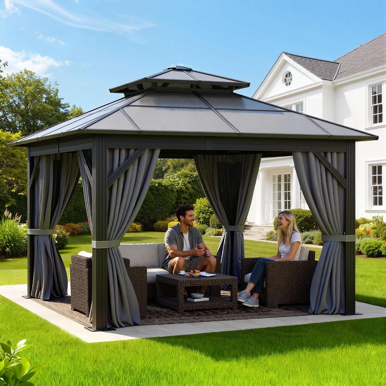 DWVO 10x10ft Gazebo Hardtop Double Roof Polycarbonate Canopy Outdoor with Netting and Shaded Curtains, Metal Frame Garden Tent for Patio, Backyard, Deck and Lawns, Gray