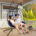 CHABATREE Double Egg Swing Chair with Stand - 2 Person Outdoor Patio Hanging Wicker Hammock Chair with Cushion, Dark Grey, for Garden, Lawn, Bedroom, Indoor/Outdoor Use