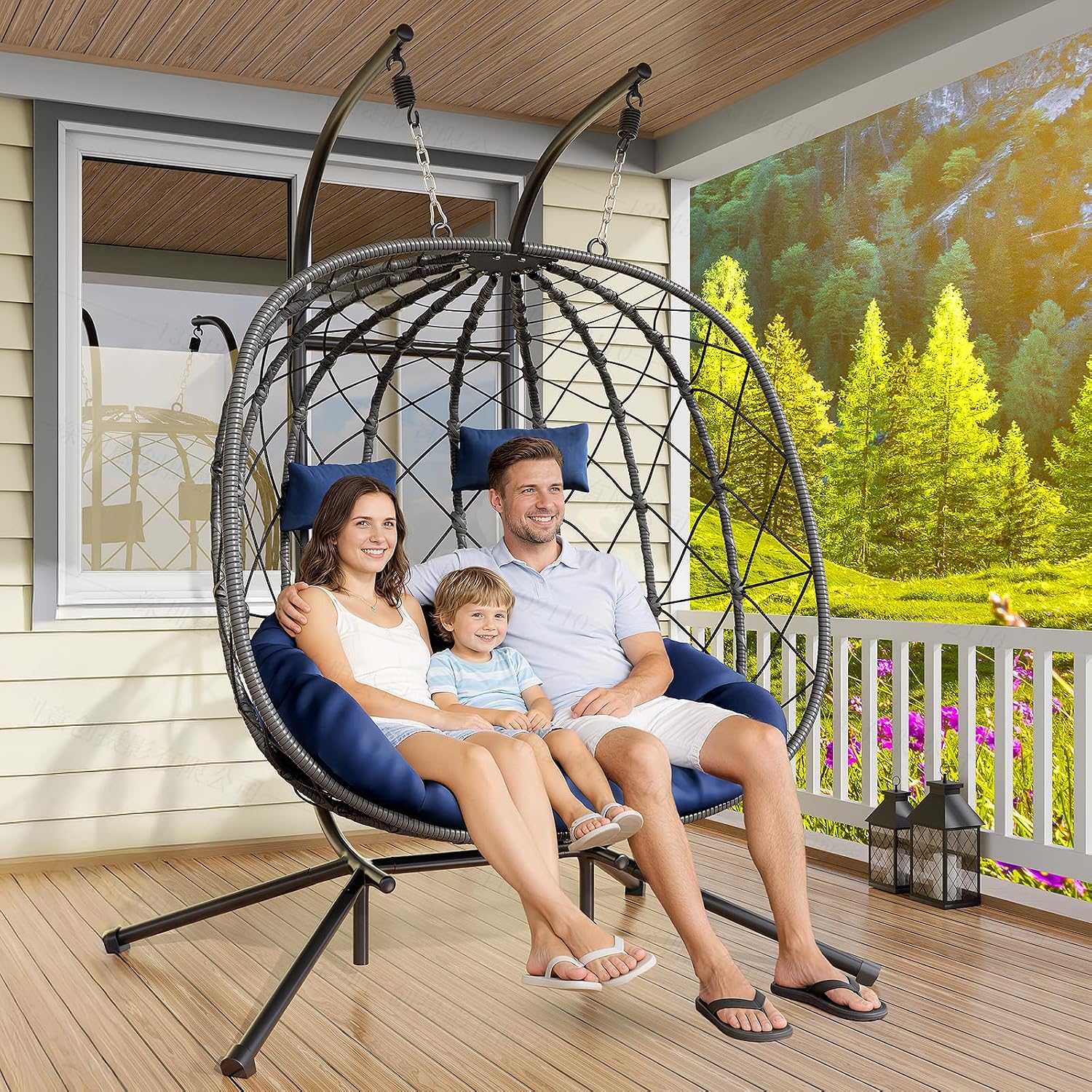 CHABATREE Double Egg Swing Chair with Stand - 2 Person Outdoor Patio Hanging Wicker Hammock Chair with Cushion, Dark Grey, for Garden, Lawn, Bedroom, Indoor/Outdoor Use