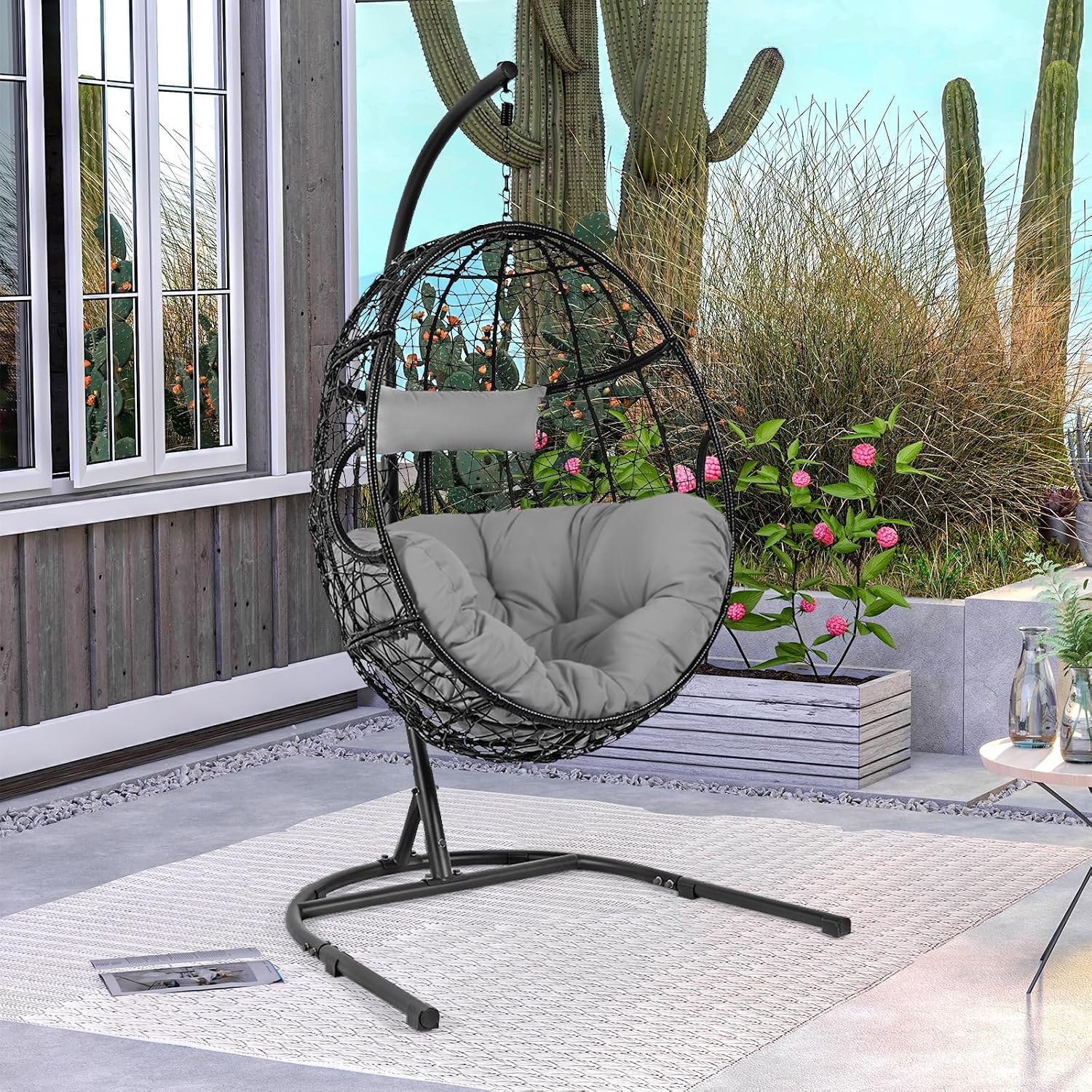 Tangkula Egg Chair with Stand, Hanging Egg Swing Chair with Removable Seat Cushion & Headrest, All-Weather Indoor Outdoor Hanging PE Wicker Egg Chairs for Outside, Balcony, Bedroom (Grey)