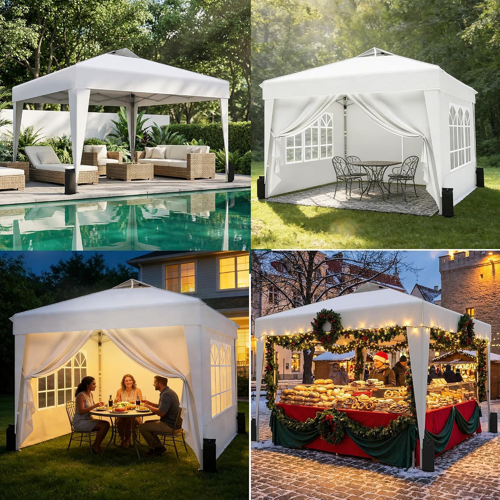 SANWAY 10x10 Pop Up Canopy Tent with Sidewalls x 4 – Easy Setup Canopy Tent, Waterproof, UV-Resistant, Portable with Carry Bag for Outdoor Events, Camping, and Backyard Parties – White