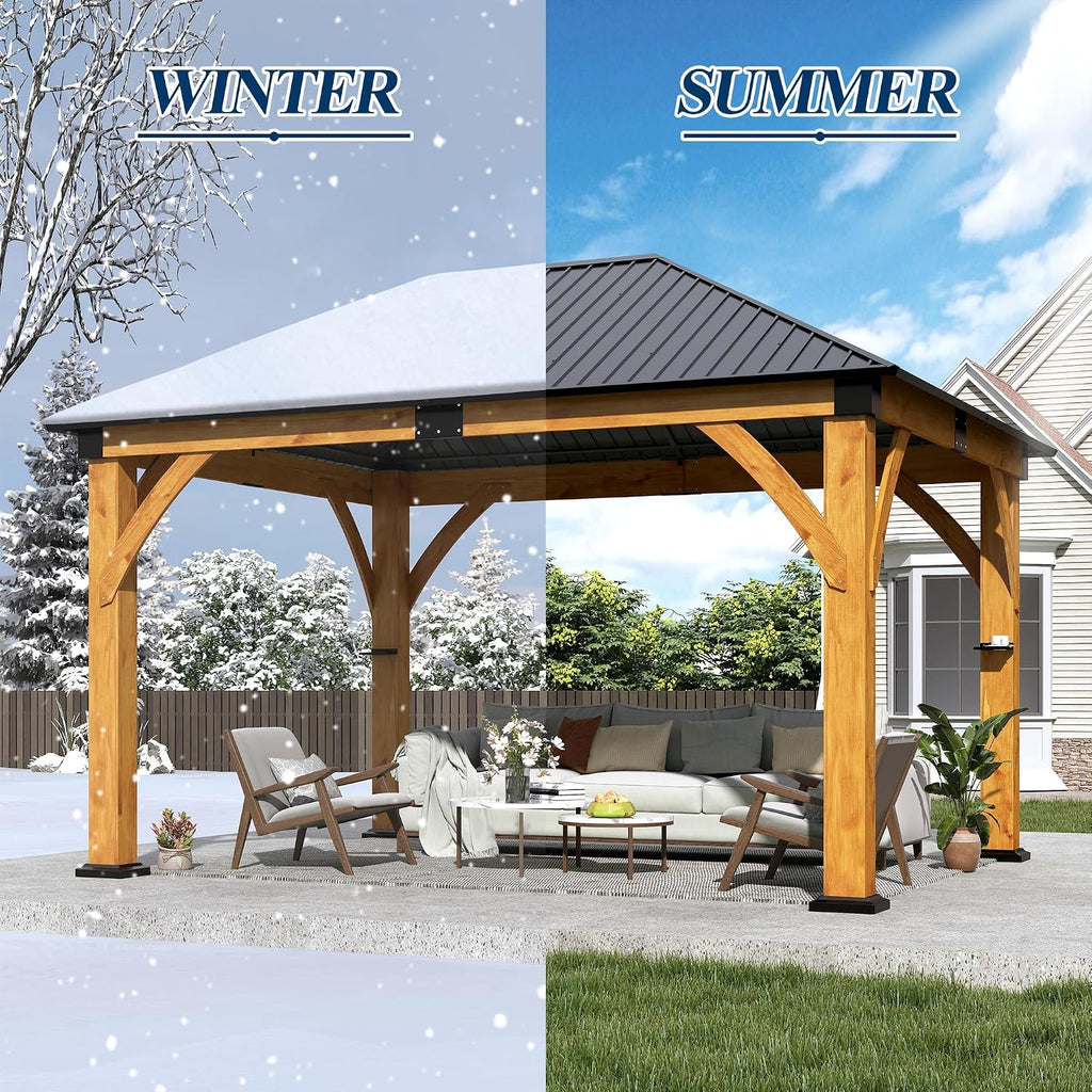 COVERONICS 11' x 13' Wooden Gazebo with Galvanized Steel Roof, Outdoor Spruce Wood Patio Gazebo, Heavy-Duty Hardtop Gazebo for Garden, Poolside, Deck & Backyard