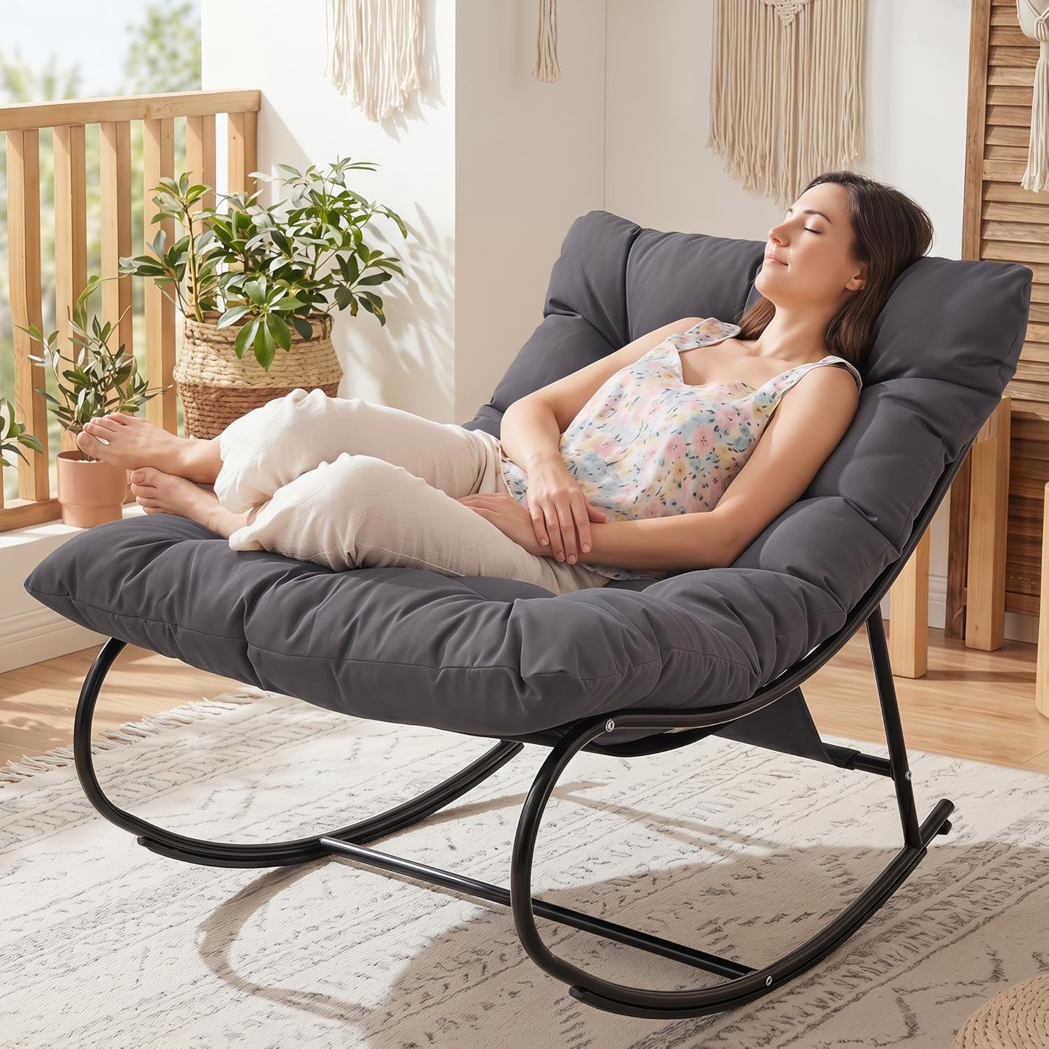 Oversized Double Papasan Rocking Chair Set of 2 with Ottoman, Egg Shaped Patio Lounge Chair with Thick Soft Cushion, Outdoor Relaxation Furniture for Porch, Backyard, Garden, Balcony, Grey