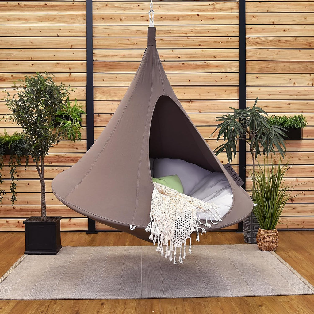 Single Cacoon Hanging Chair – Cozy Indoor/Outdoor Hammock with Polyester Canvas, 440 lb Capacity, Includes 18ft Rope & Carabiner (Taupe)