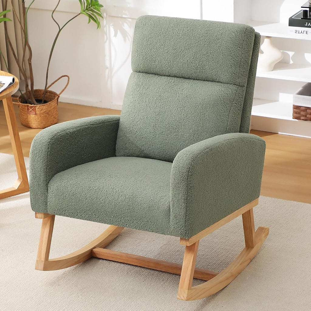 HCHAIRH Rocking Chair Nursery, Boucle Teddy Nursing Rocking Chairs, Upholstered Nursery Glider Rocker for Mom Nursery Morden Accent Rocking Chair with Side Pocket for Living Room,Bedroom, Green