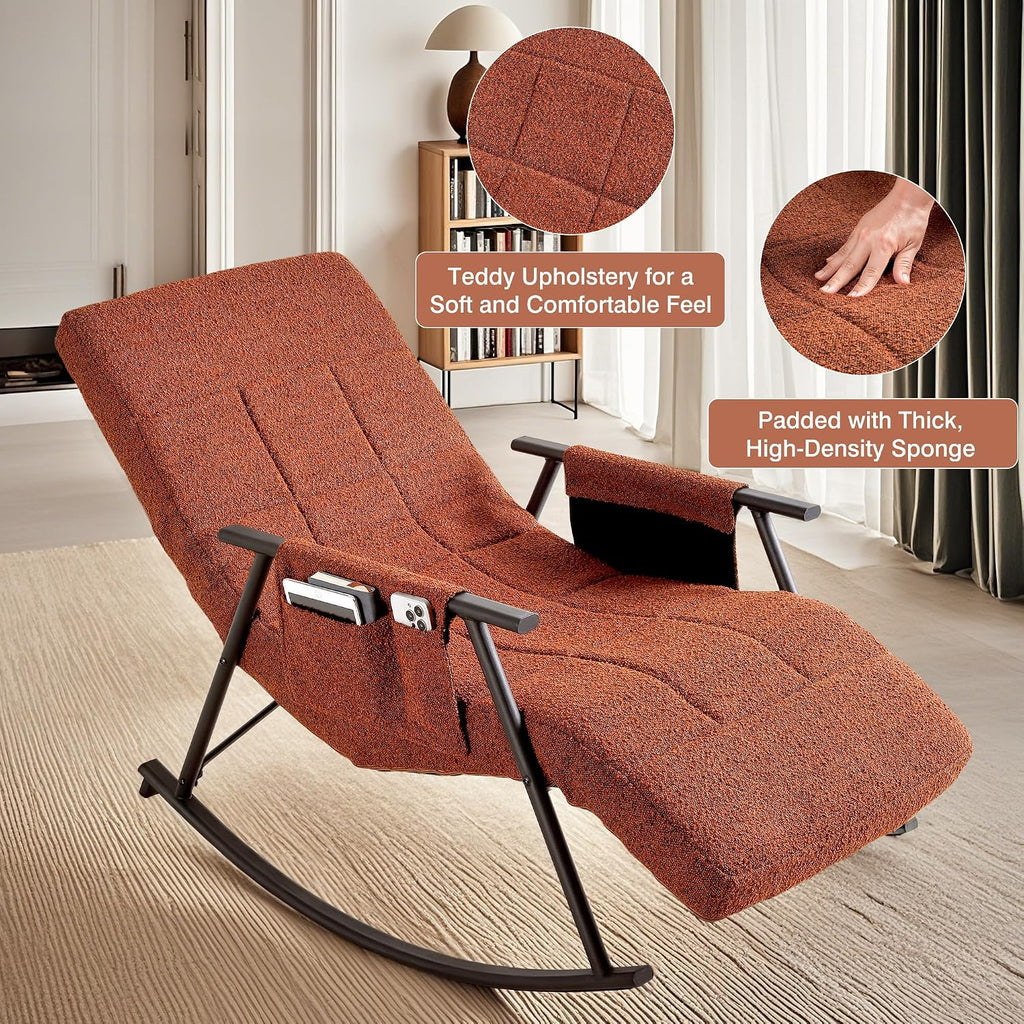 VECELO High Back Nursery Rocking Chair with Foot Rest, Teddy Upholstered Reclining Glider Rocker, Comfy Armchair Padded Seat Removable Side Pockets for Living Room, Bedroom, Balcony