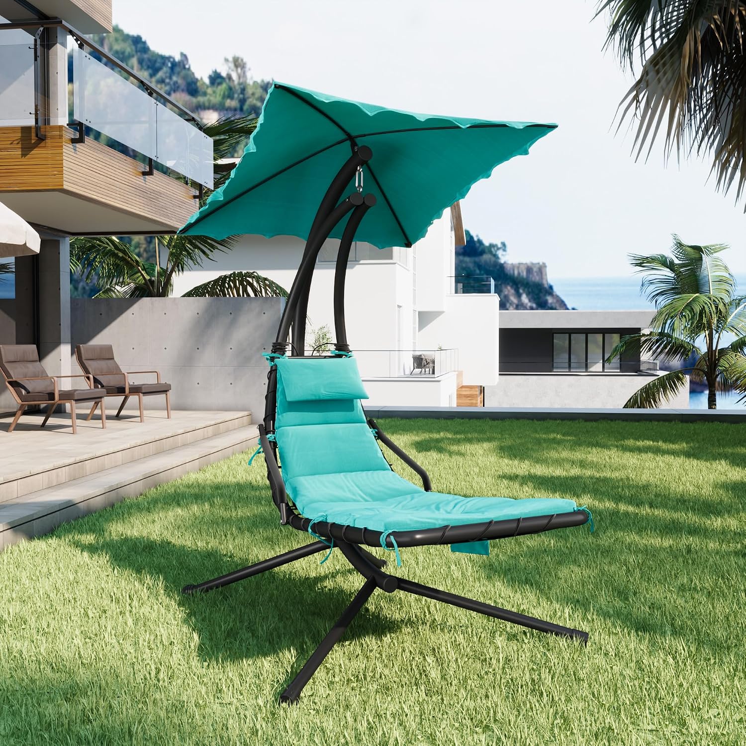 Hanging Chaise Lounge Swing Chair, Hanging Curved Chaise Lounge Chair Umbrella, Curved Steel Hammock Lounger Chairs for Outdoor Indoor Patio Pool Garden Backyard Porch