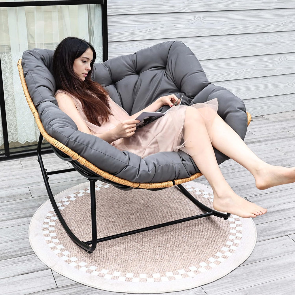Outdoor Egg Rocking Chair, Indoor Papasan Rocking Chair with Thick Cushion, Modern Lounge Rocker for Balcony, Living Room, Bedroom, Porch, Lawn, Garden (Gray)
