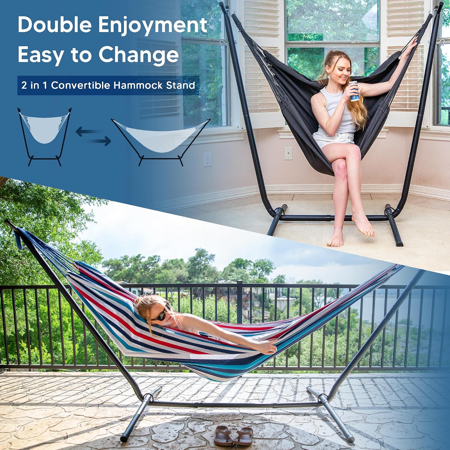SUNCREAT 2-in-1 Convertible Portable Double Hammock with Stand Included, Outdoor Hammock and Stand, Patented, Sea Blue
