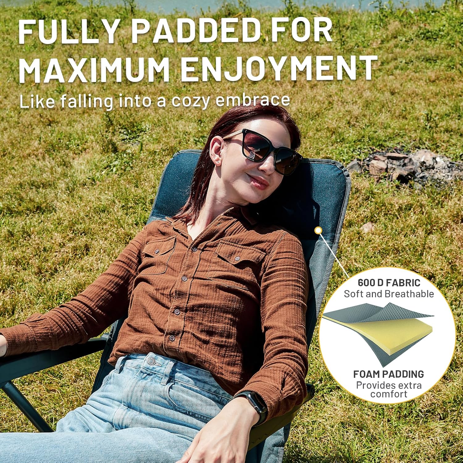 Timber Ridge 3-Level Adjustable Rocking Camping Chair, Ergonomic Padded High Back, Supports 300 LBS, Stable Anti-Tip Rocker, Hard Armrests for Easy Standing, Portable for Patio, Lawn & Tailgating