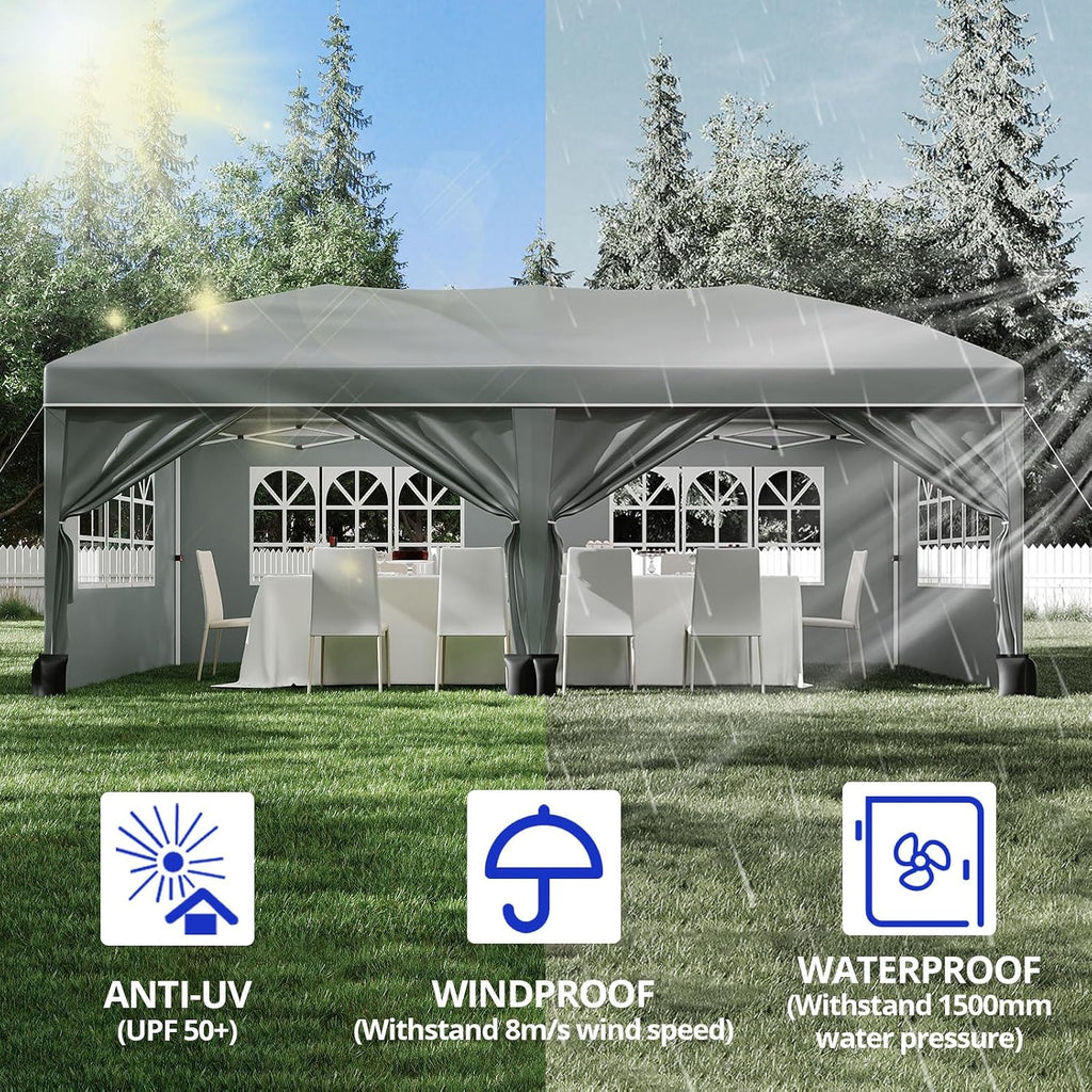 10X20FT Pop Up Wedding Party Tent with 6 Sidewalls, Heavy Duty Commercial Outdoor Canopy All Season Wind & Waterproof Canopy Gazebo with Storage Bag, Gray