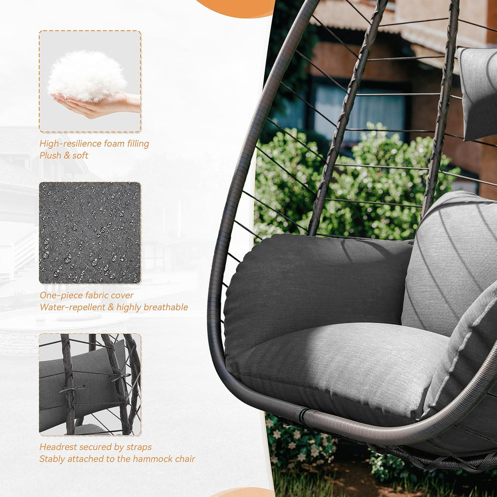 2 Pieces Outdoor Hanging Egg Chair with Stand,Patio Wicker Swing Egg Chair Hammock Chair with UV Resistant Cushion,All-Weather 485lbs Capacity for Bedroom,Balcony,Garden,Grey
