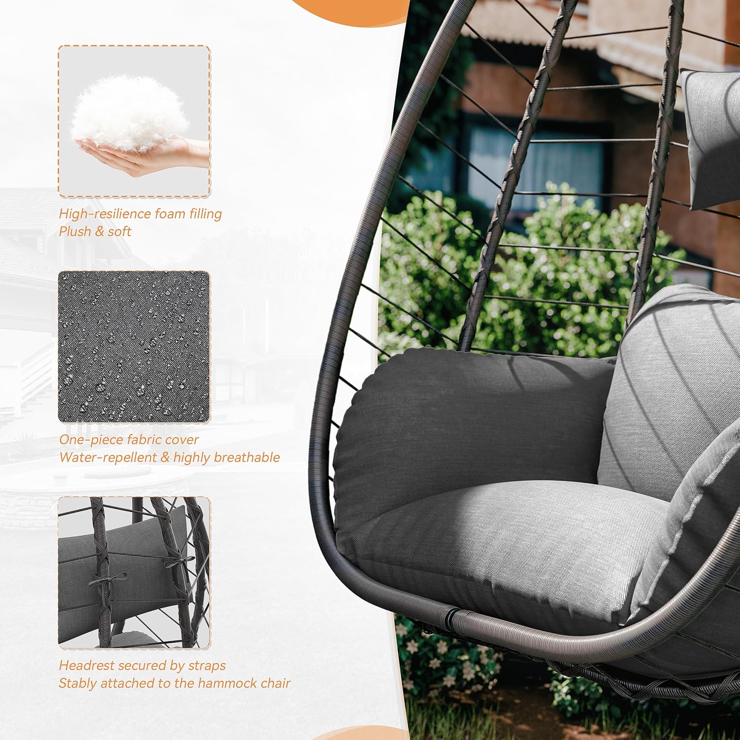 2 Pieces Outdoor Hanging Egg Chair with Stand,Patio Wicker Swing Egg Chair Hammock Chair with UV Resistant Cushion,All-Weather 485lbs Capacity for Bedroom,Balcony,Garden,Grey