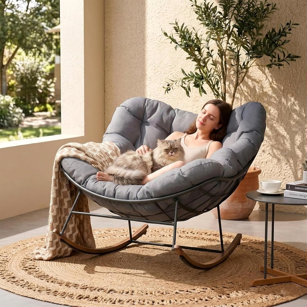 Grand patio Outdoor Rocking Chair, Oversized Papasan Rocking Chair with Thick Cushion, Indoor Outdoor Cozy Rocker for Balcony, Living Room, Patio, Gray