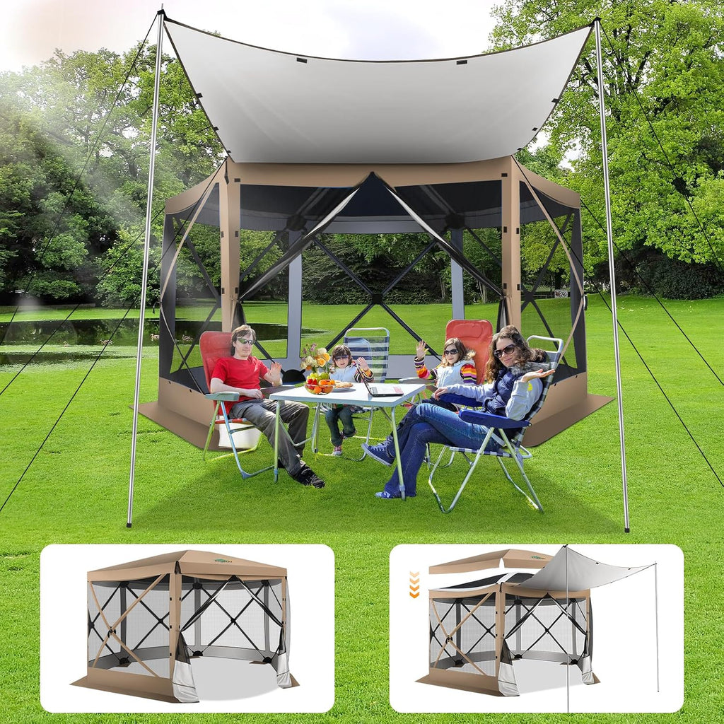 COBIZI Pop Up Gazebo Screen Tent Screen House for Camping, 12x12 Screen Room with Mosquito Netting, Hub Tent Instant Screened Canopy with Carrying Bag and Ground Stakes, Khaki