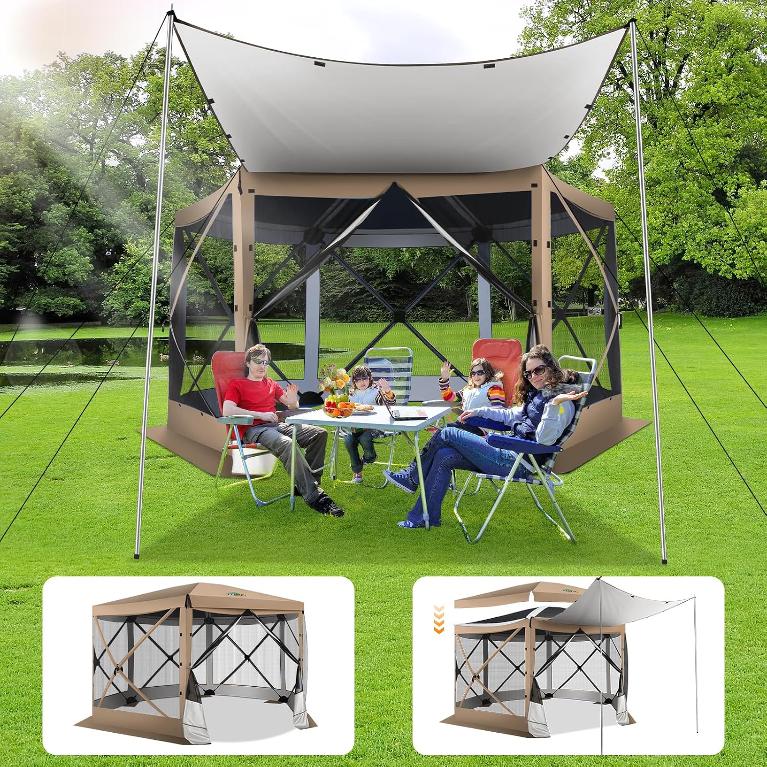 COBIZI Pop Up Gazebo Screen Tent Screen House for Camping, 12x12 Screen Room with Mosquito Netting, Hub Tent Instant Screened Canopy with Carrying Bag and Ground Stakes, Khaki