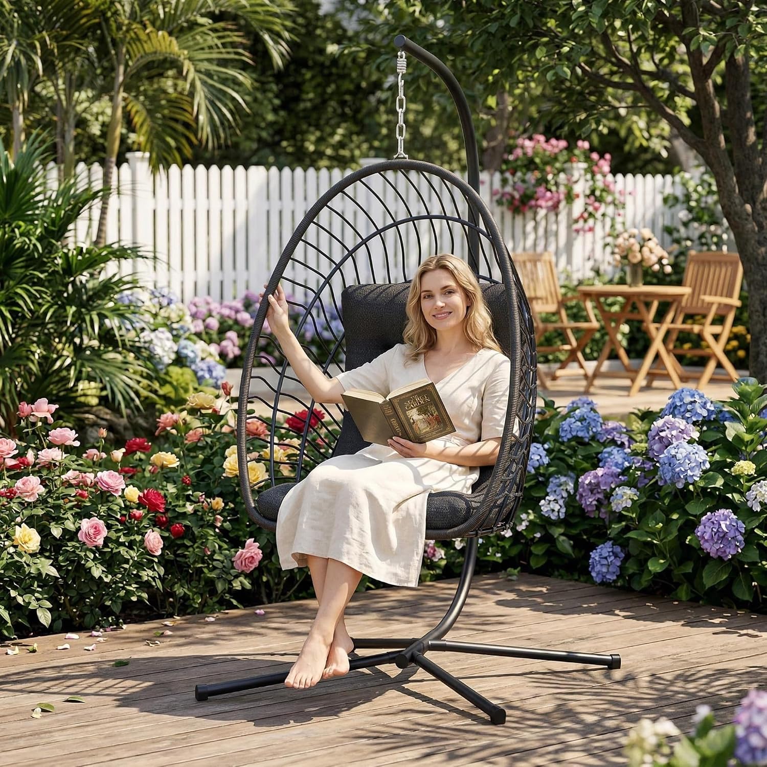 Kingdura Hanging Egg Chair with Stand Indoor Outdoor, Foldable Rattan Wicker Hammock Egg Swing Chair for Bedroom Porch Patio Garden, Thickened Cushion, 350LBS Capacity, Heavy Duty Frame