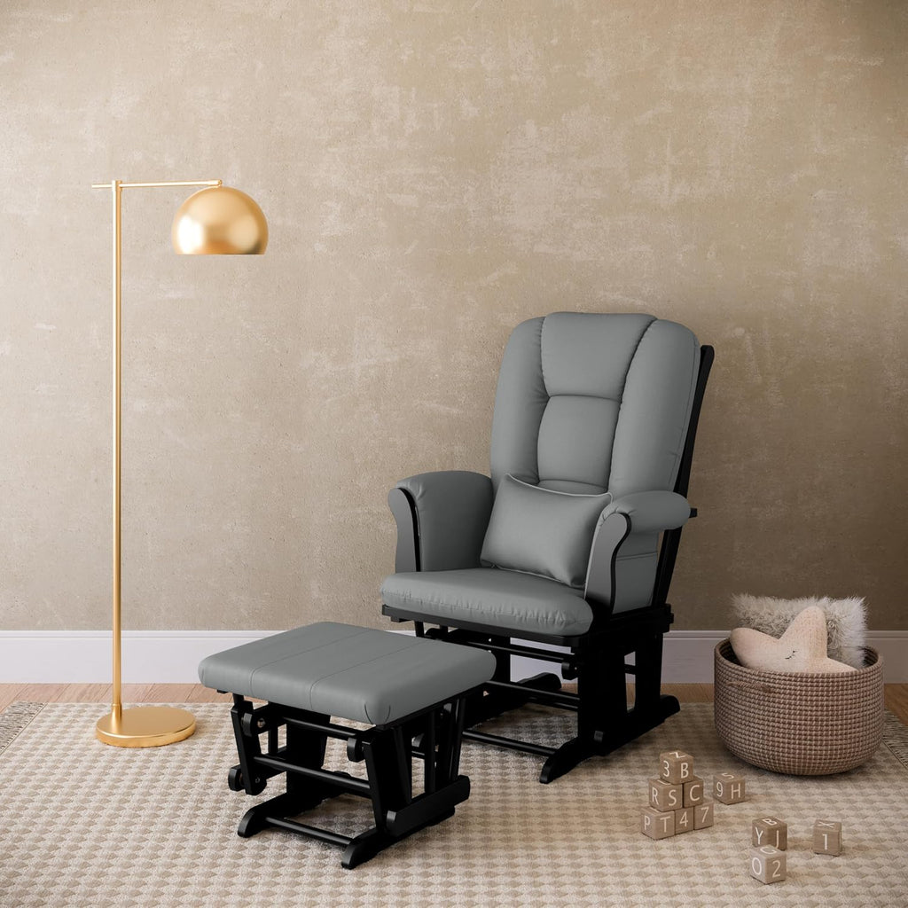 Storkcraft Tuscany Glider with Ottoman (Black/Gray) — GREENGUARD Gold Certified, Bonus Lumbar Cushion Included, Solid Wood Base, Smooth Motion, Award-Winning Nursery Rocking Chair, Glider and Ottoman
