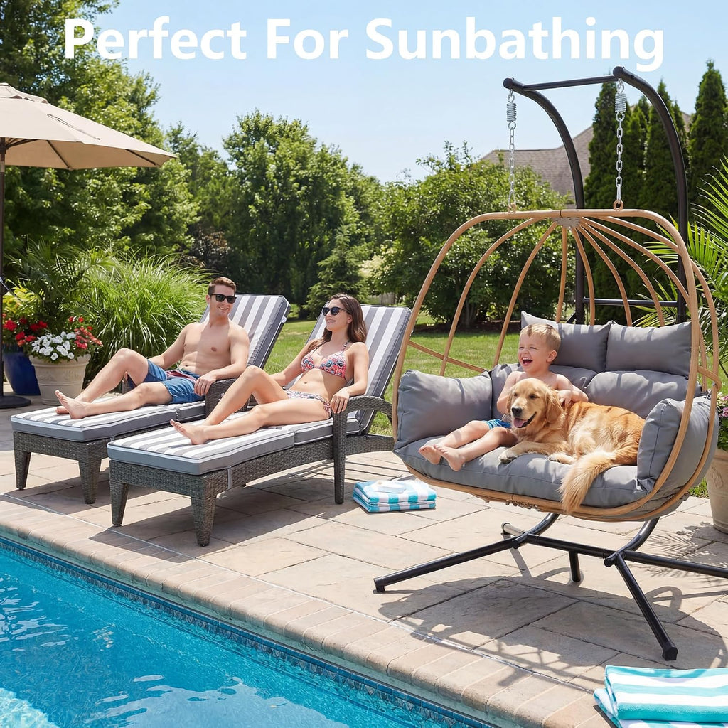 Double Egg Swing Chair Outdoor, 2 Person Egg Chair Outdoor with Cushions, Imitation Rattan Hanging Egg Chairs Basket, Hanging Chairs with Stand, Metal Nest Swing Egg Chair for Balcony, Grey