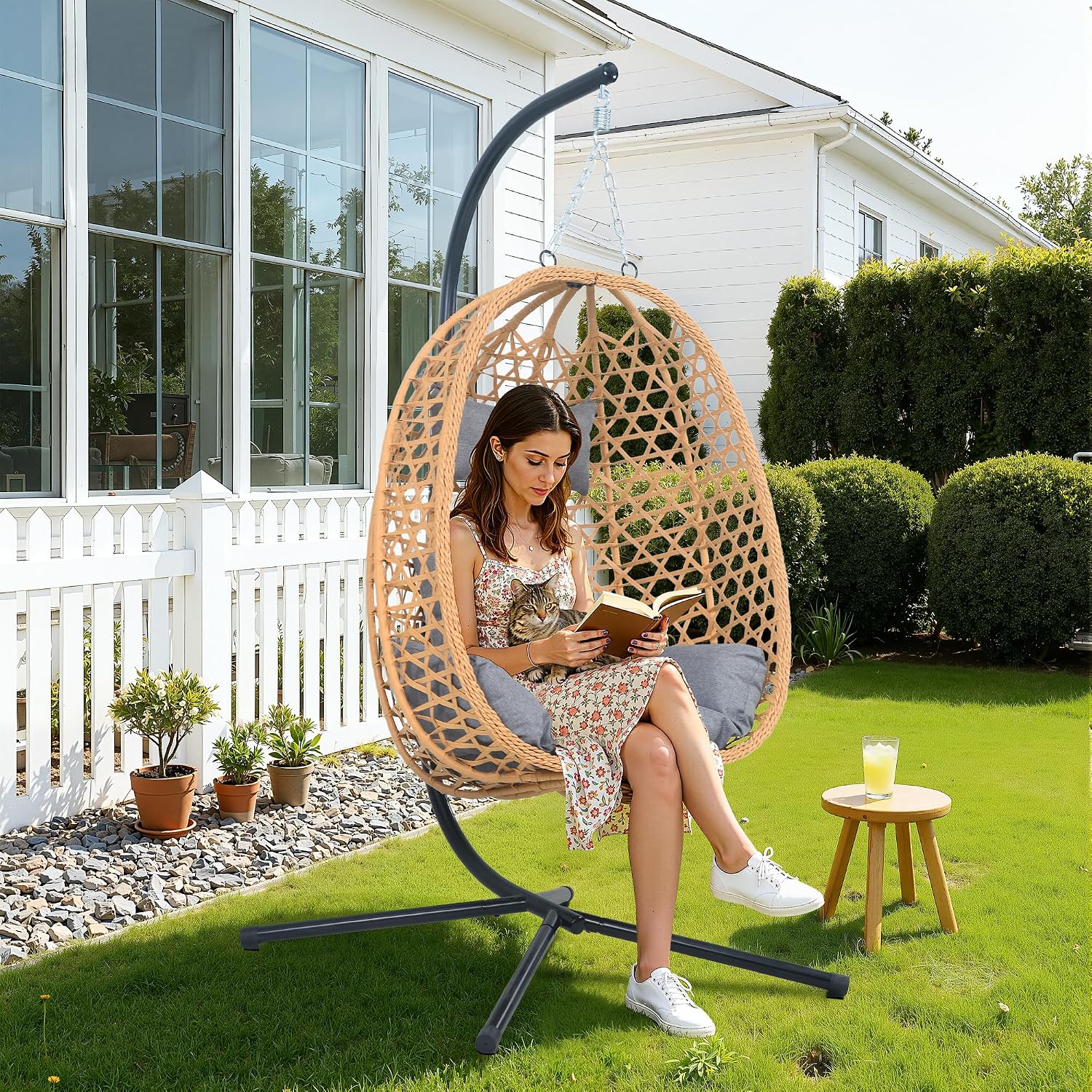 EortheX Hanging Egg Chair with Cushions – Comfortable Rattan Swing Chair with Stand for Patio, Garden, or Balcony – Stylish and Relaxing Outdoor Lounge Chair, 350LBS Capacity Indoor Outdoor (Grey)