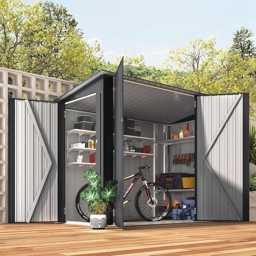 AECOJOY 4'x7' Outdoor Storage Lean to Shed,7x4 Outdoor Horizontal Metal Sheds & Outdoor Storage with Triple Lockable Door, Small Metal Storage Cabinet for Bicycles, Tools Storage for Garden Use