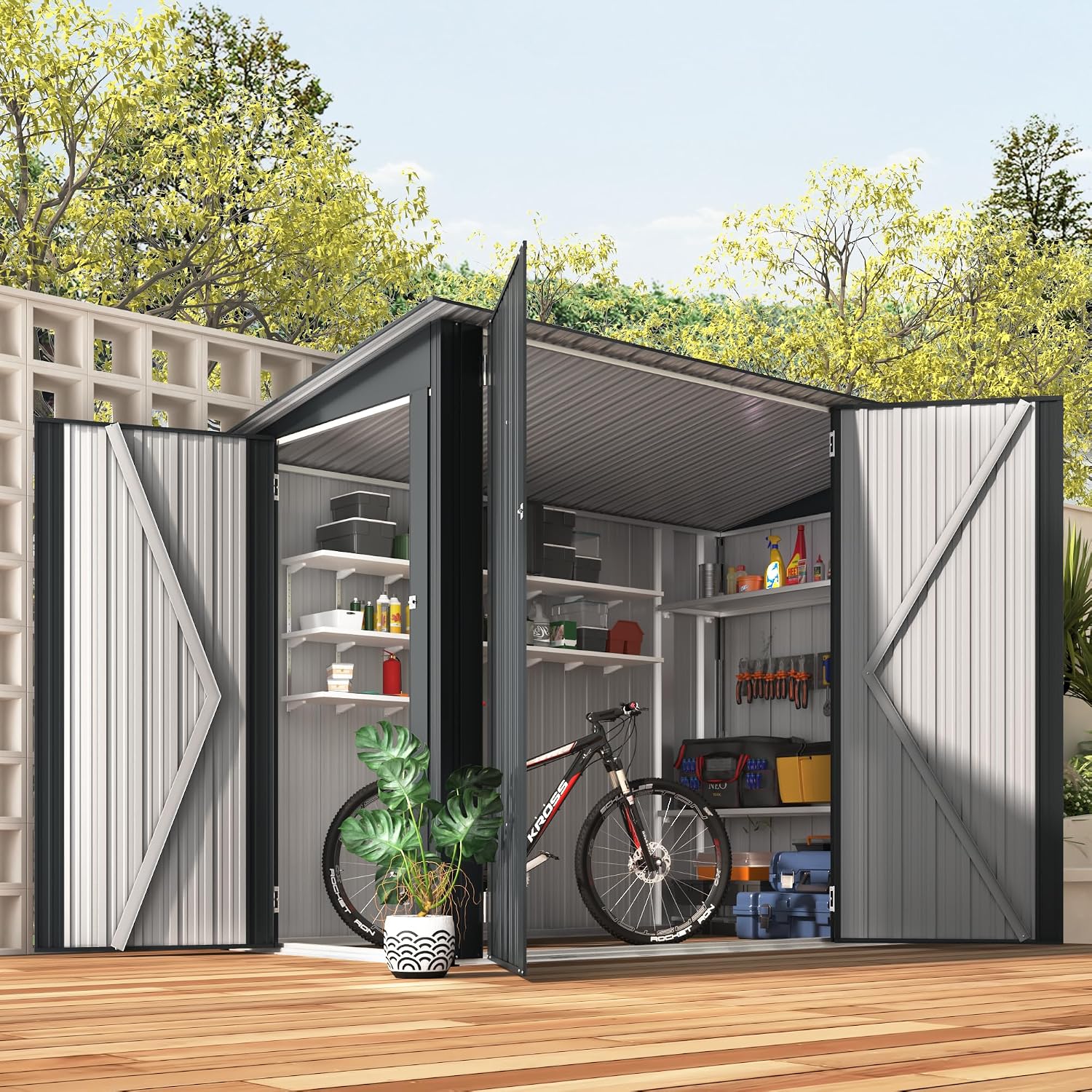 AECOJOY 4'x7' Outdoor Storage Lean to Shed,7x4 Outdoor Horizontal Metal Sheds & Outdoor Storage with Triple Lockable Door, Small Metal Storage Cabinet for Bicycles, Tools Storage for Garden Use