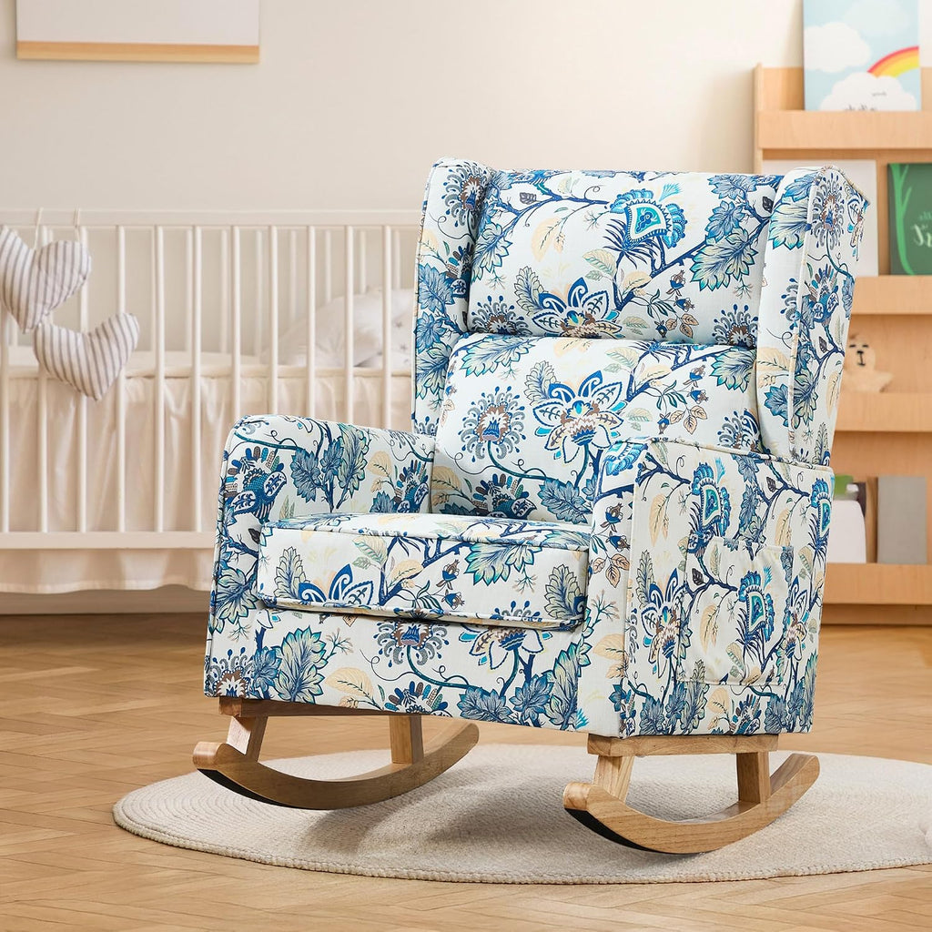 HCHAIRH Nursery Rocking Chairs, Rocking Chair Nursery for Mom Nursery Rocker with High Backrest and Solid Wood Legs, Modern Wingback Accent Chairs Set of 2 for Reading Living Room Bedroom, Blue Floral