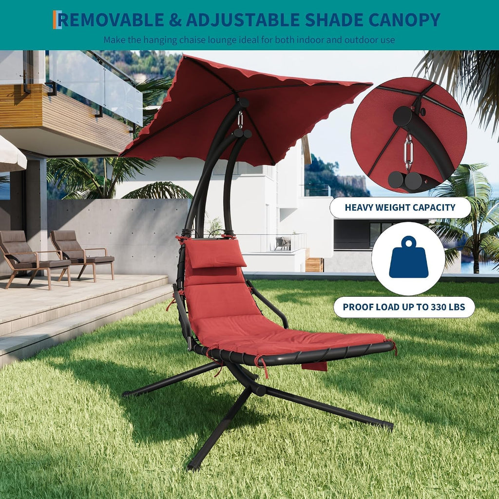 GarveeLife Chaise Lounger Swing Chair with Umbrella Canopy, Patio Hanging Chaise Lounger Chair with Stand, Curved Steel Outdoor Lounge Chairs for Indoor Patio Pool Garden Backyard Porch