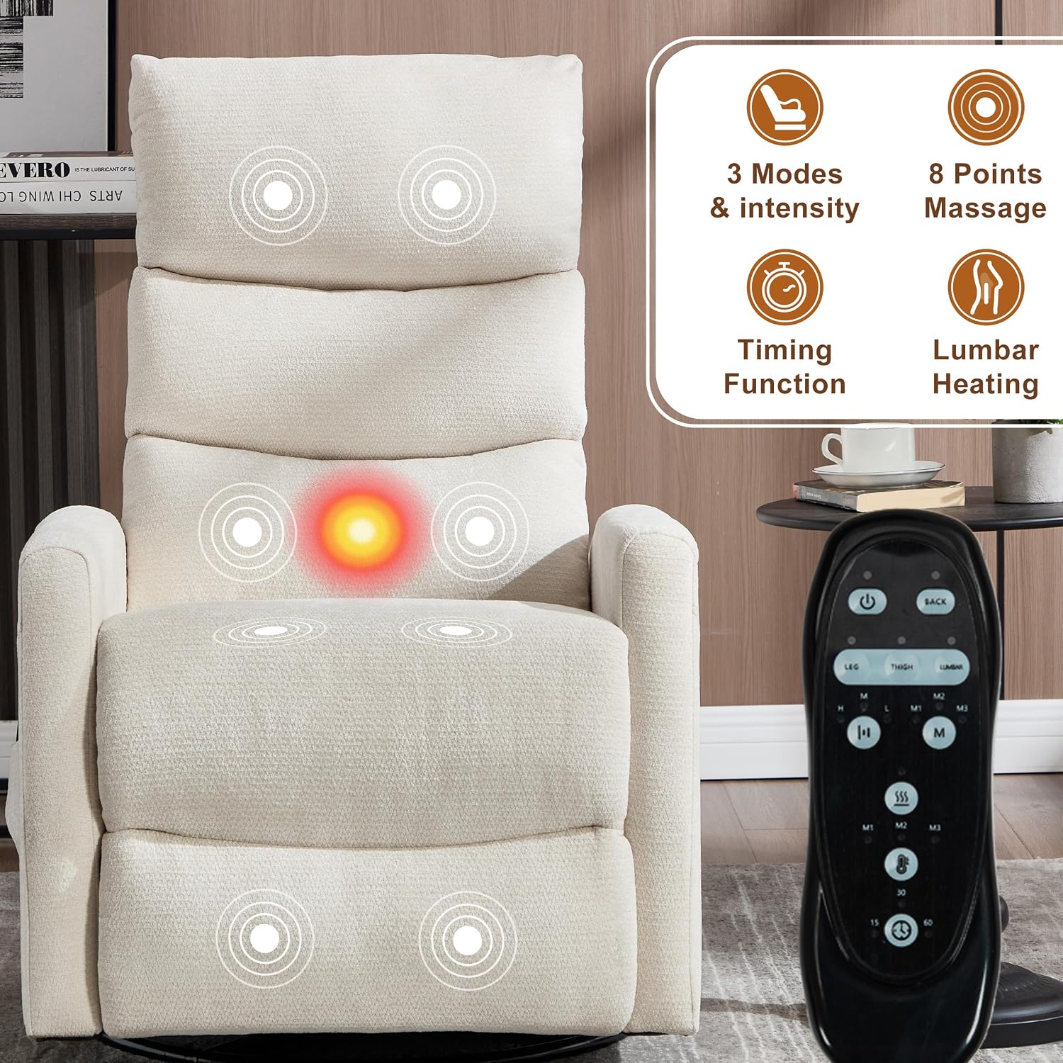 Manual Swivel Rocker Recliner Chair with Vibration Massage, Overstuffed Glider Chair with Lumbar Heat for Nursery, Living Room Reclining Sofa Chair, Chenille Fabric Beige