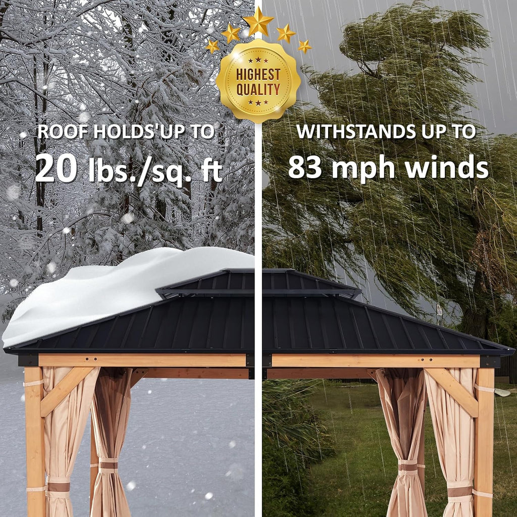 CHARMELEON 10x12 FT Cedar Wood Gazebo,Hardtop Wooden Gazebo with 4.6in Thickened Posts&High Load-Bearing Roof & Waterproof Curtains/High-Density Netting for Outdoor, Patio, Backyard-Natural