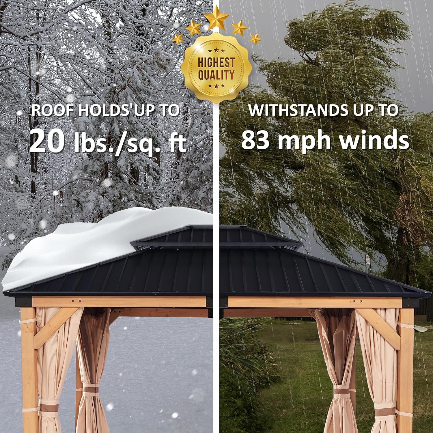 CHARMELEON 10x12 FT Cedar Wood Gazebo,Hardtop Wooden Gazebo with 4.6in Thickened Posts&High Load-Bearing Roof & Waterproof Curtains/High-Density Netting for Outdoor, Patio, Backyard-Natural