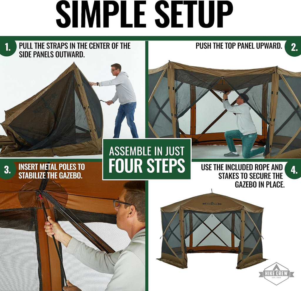 Hike Crew 12' x 12' Pop-Up Gazebo Screen Tent | Screened 6-Sided Instant Outdoor Canopy Shelter with Stakes, Ropes & Carry Bag for Camping, Sports & Picnic Table | UV Resistant SPF 50+