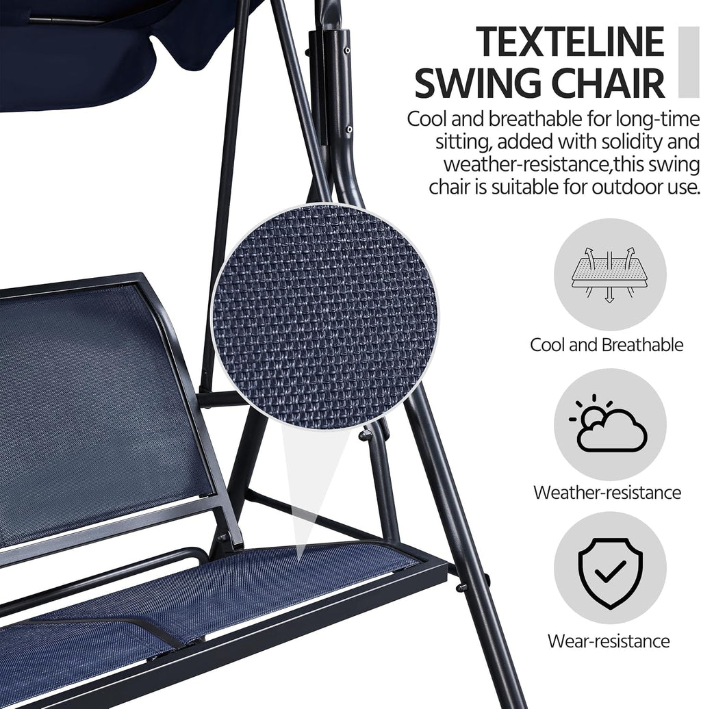 Yaheetech Outdoor Porch Swing Chair for Adults, 3-Seat Patio Sunset Hanging Swing w/Texteline Fabric & Adjustable Canopy & Armrests, Canopy Lounge Chair for Backyard/Garden/Balcony, Blue