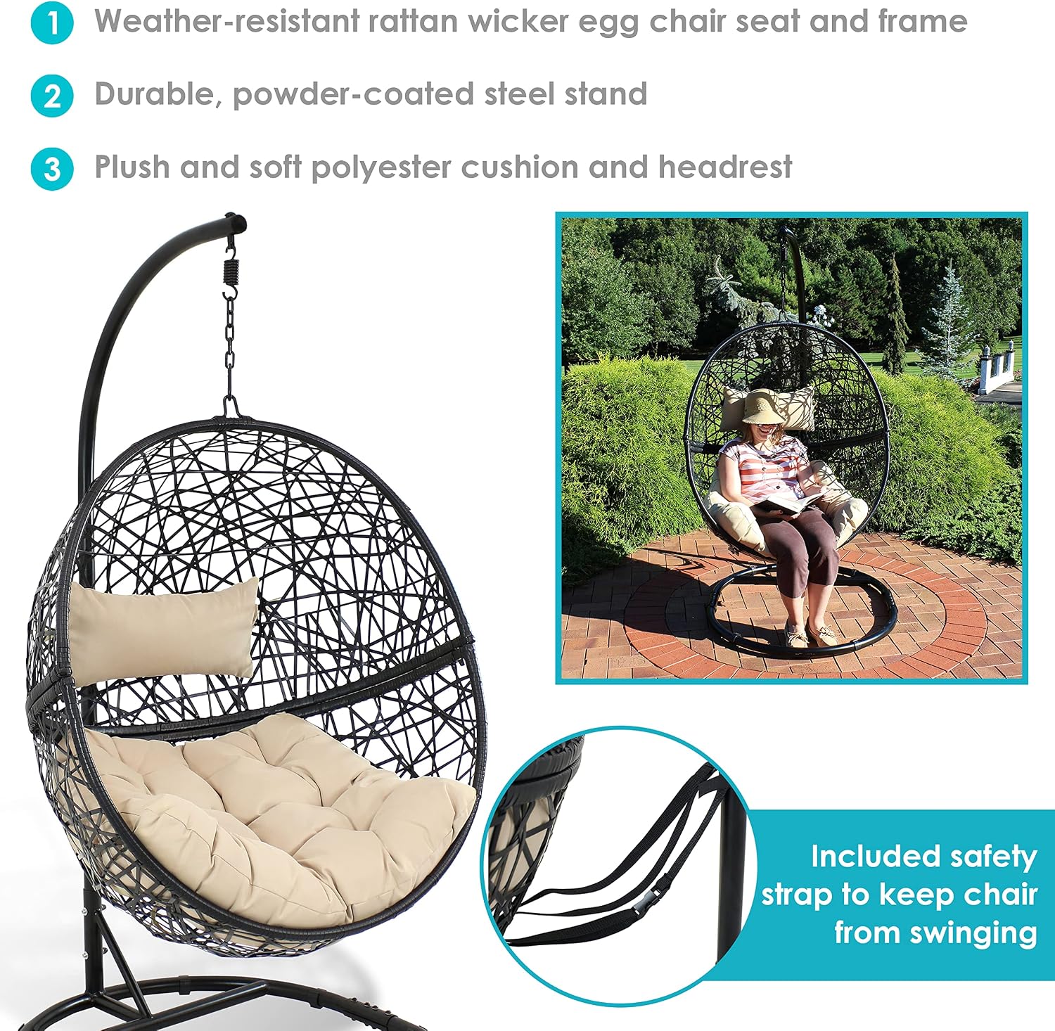 Sunnydaze Jackson Resin Wicker Hanging Egg Chair with Steel Stand - 265-Pound Weight Capacity - Includes Beige Cushions