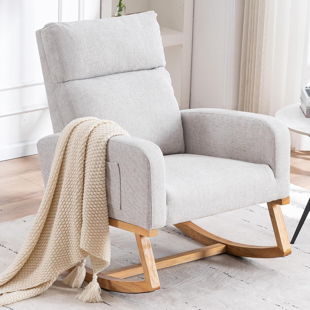 Rocking Chair Nursery, Nursery Rocker Chairs for Mom with High Backrest and Solid Wood Legs, Modern Glider Chairs for Nursing Living Room Bedroom, Light Grey