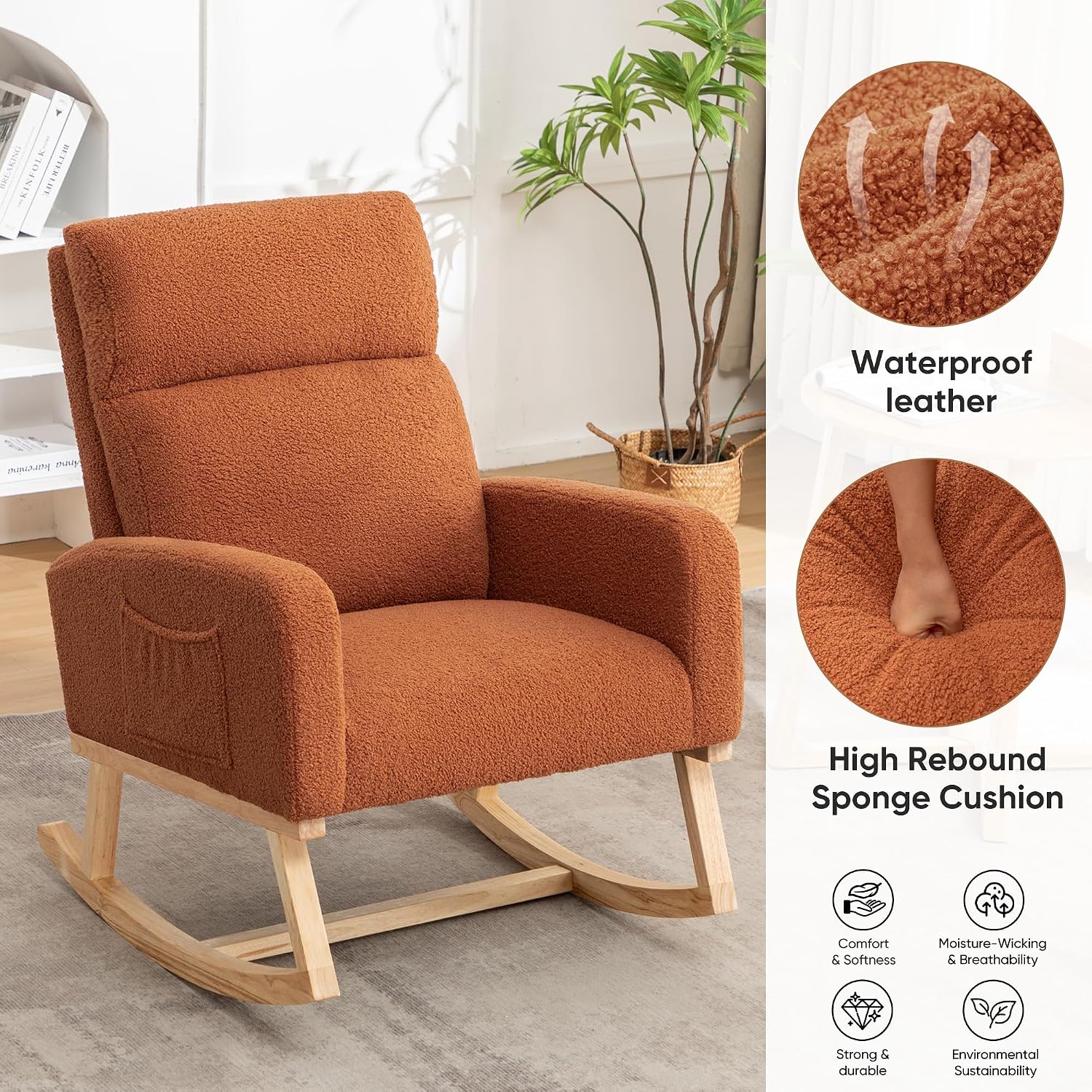 HCHAIRH Rocking Chair Nursery, Sherpa Nursing Rocking Chairs, Upholstered Nursery Glider Rocker for Mom Nursery Morden Accent Rocking Chair with Side Pocket for Living Room,Bedroom,Teddy Brown