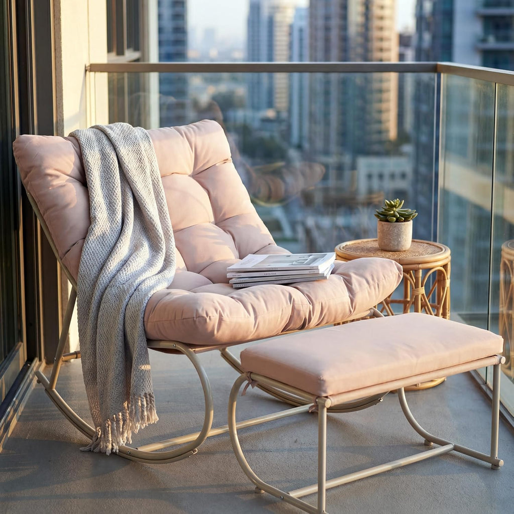 Oversized Double Papasan Rocking Chair Set of 2 with Ottoman, Egg Shaped Patio Lounge Chair with Thick Soft Cushion, Outdoor Relaxation Furniture for Porch, Backyard, Garden, Khaki