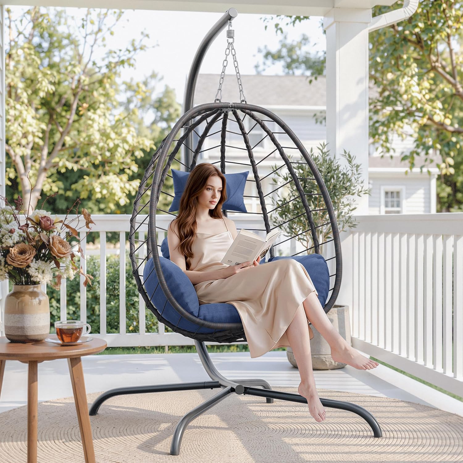 ALAULM Foldable Egg Chair with Stand, 485LBS Capacity Wicker Rattan Hammock Swing Chair for Outdoor & Indoor, Patio Hanging Chair with Strong Frame & UV Resistant Cushion for Balcony, Bedroom, Blue