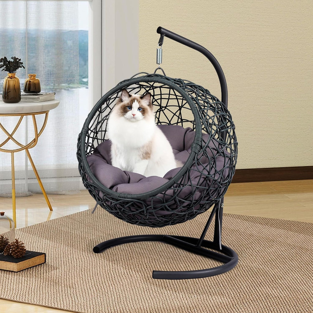 Cat Swing Bed with Aluminum-Steel Stand & Soft Cushion, Cat Egg Chair with HDPE Rattan Wicker Appearance, Indoor Hanging Pet Bed for Kitten, Puppy, Small Dogs (Grey, Hemispherical)