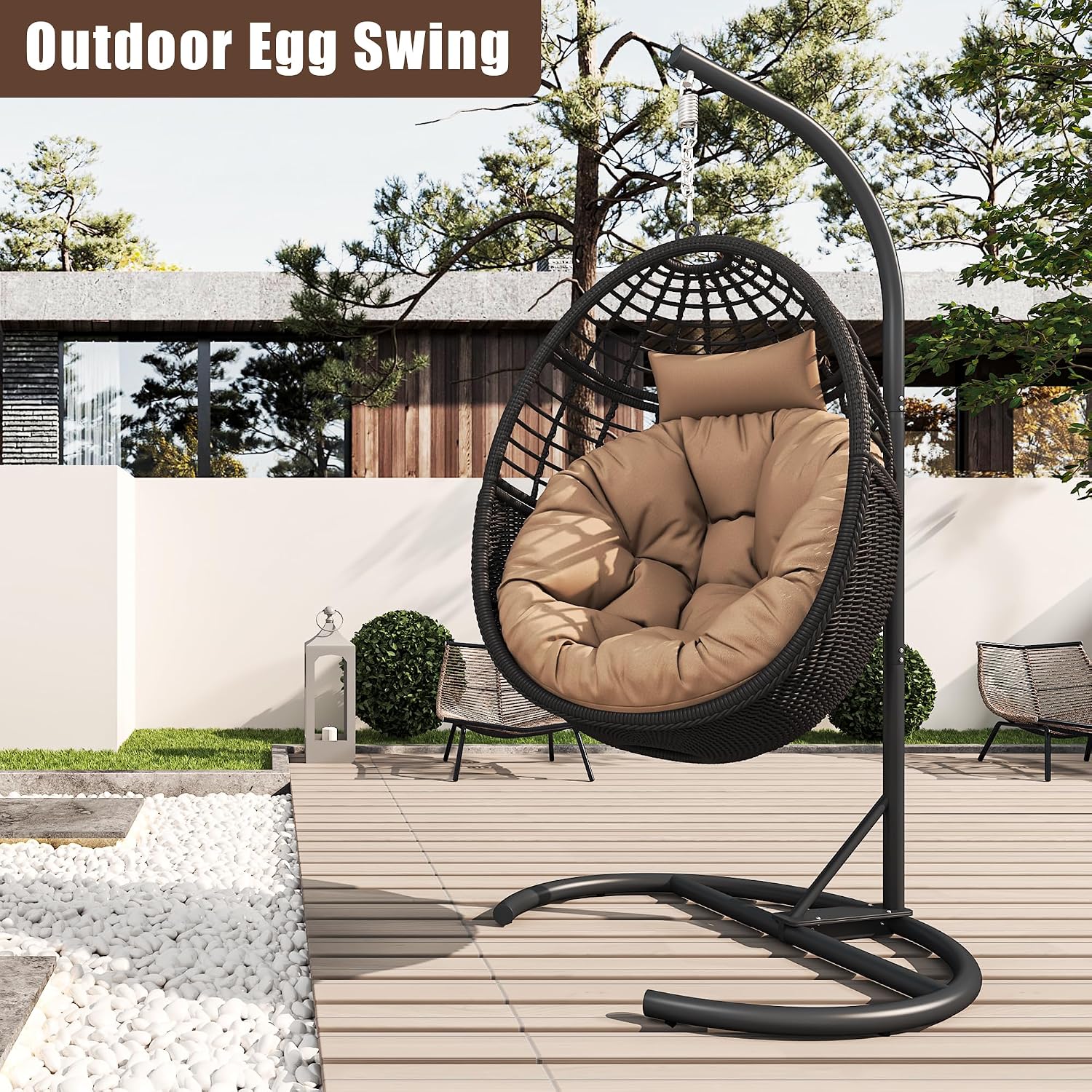 Hanging Egg Chair Hammock with Stand Wicker Rattan for Indoor Outdoor Patio Bedroom Swing with Steel Frame and Soft Cushion