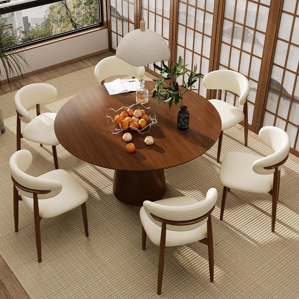 Kitchen Dining Chairs Set of 2 Modern Upholstered Leather Farmhouse Dining Room Chair with Metal Legs, Walnut/Beige