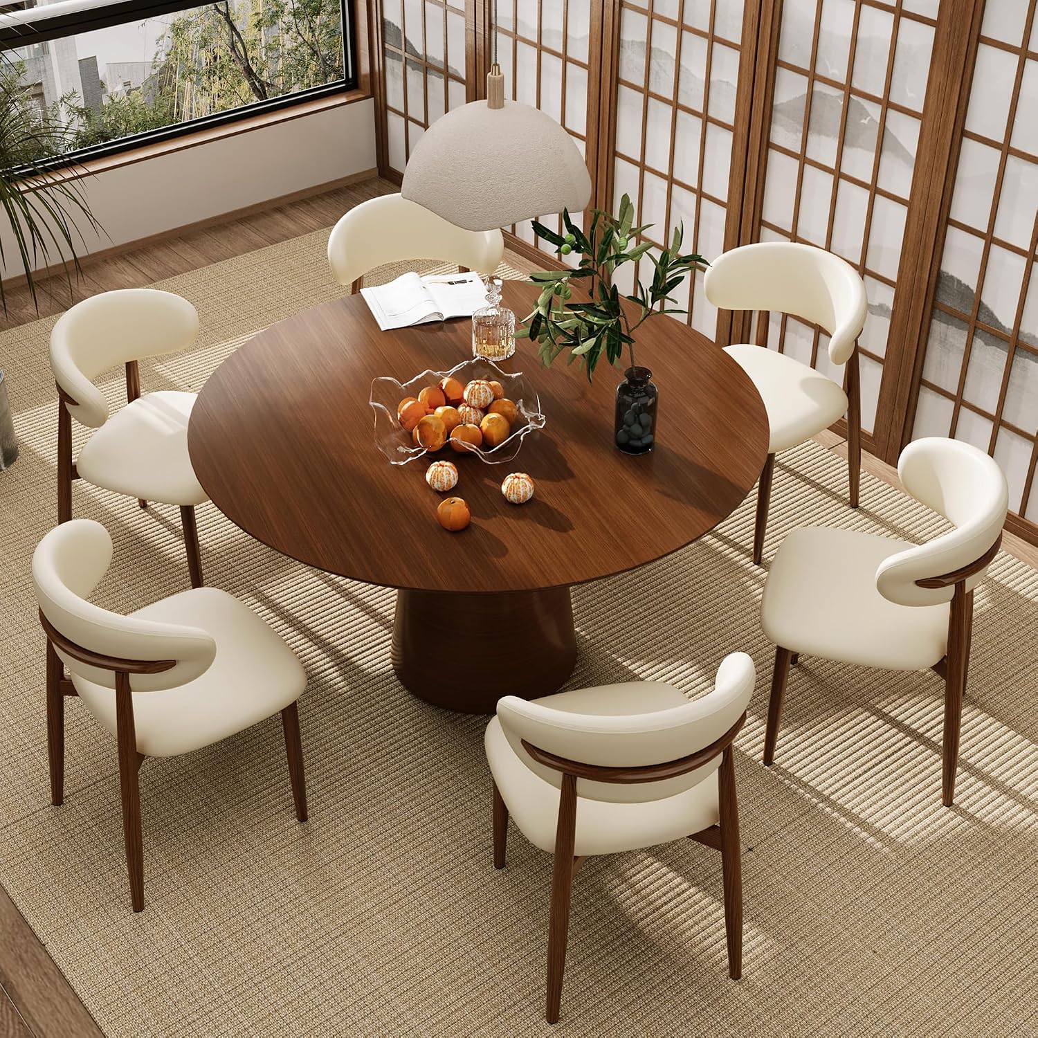 Kitchen Dining Chairs Set of 2 Modern Upholstered Leather Farmhouse Dining Room Chair with Metal Legs, Walnut/Beige