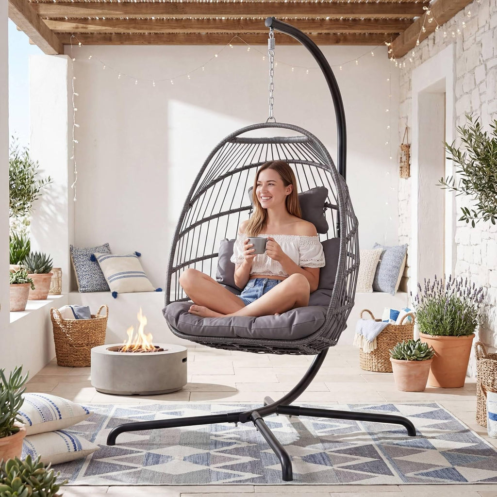 RADIATA Foldable Swing Egg Chair with Stand and Water-Resistant Cover, Outdoor Wicker Hanging Hammock Chair with Cushion, 350Lbs Heavy Duty Eggshell Basket Seat for Balcony Porch Backyard, Dark Grey